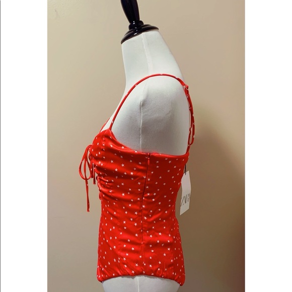 NWT ZARA Bodysuit Lace Up Satin Effect Red & White Stars Sleeveless High Cut S - Picture 9 of 11